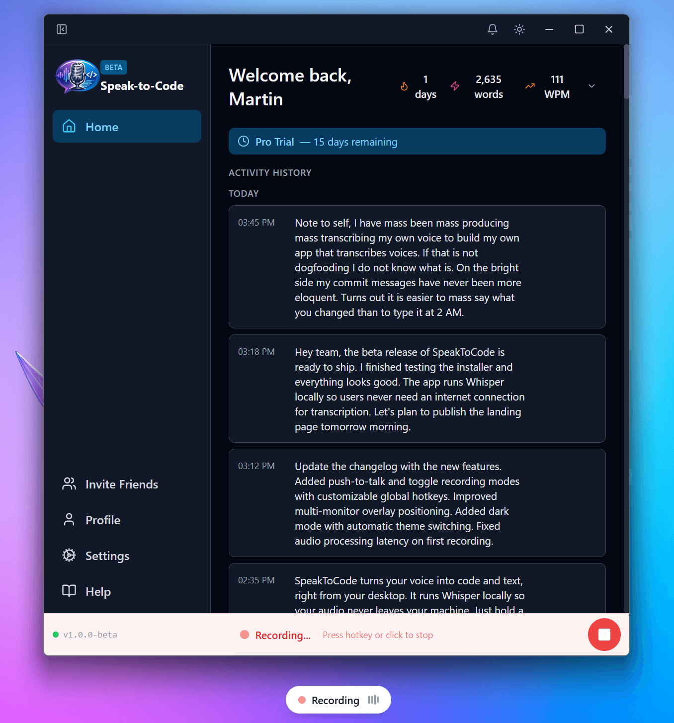 SpeakToCode running locally in dark mode