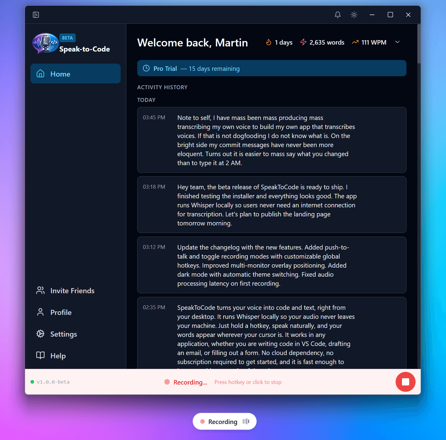 SpeakToCode voice-to-text dashboard with usage statistics and activity insights