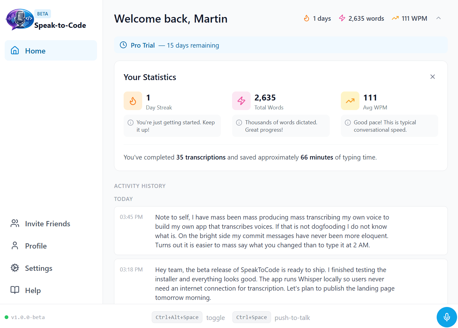 Dashboard with usage statistics and daily activity insights